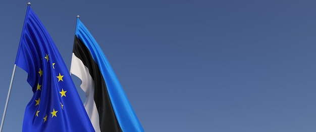 파란색 배경에 측면에 깃대에 유럽 연합 및 에스토니아의 플래그 텍스트에 대 한 장소 플래그 EU 탈린 3d 그림
