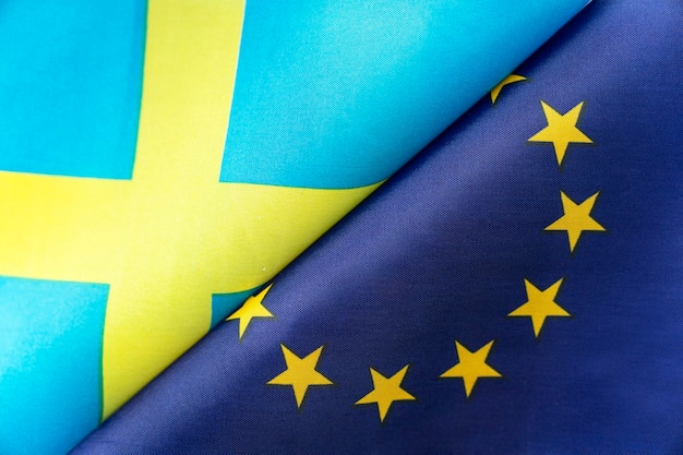 Flags European Union and sweden concept of international relations between countries The state of governments