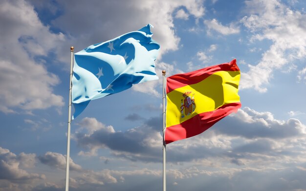 Flags of Federated States of Micronesia and Spain. 3D artwork