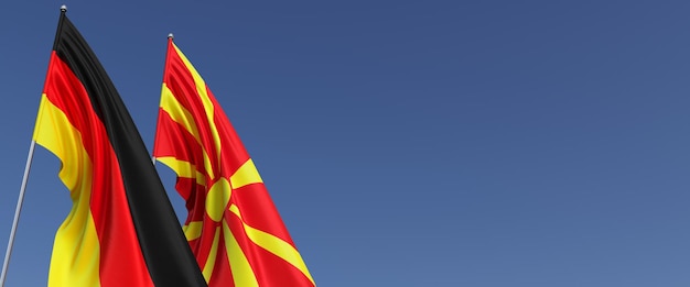 側面の旗竿にドイツとマケドニアの旗青い背景の旗テキストの場所ベルリンミュンヘンスコピエ連邦3Dイラスト