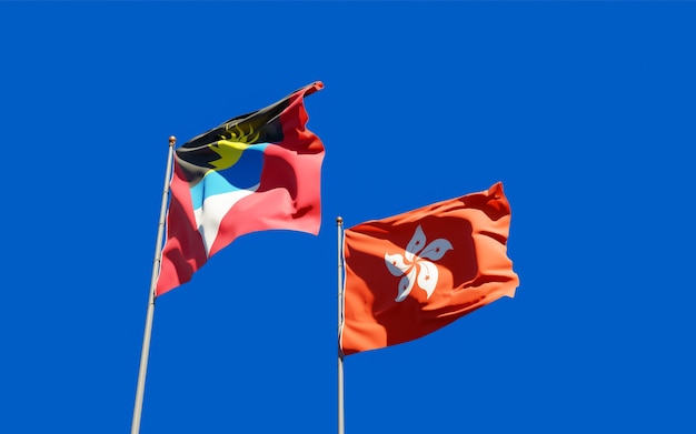 Flags of Hong Kong HK and Antigua and Barbuda. 3D artwork