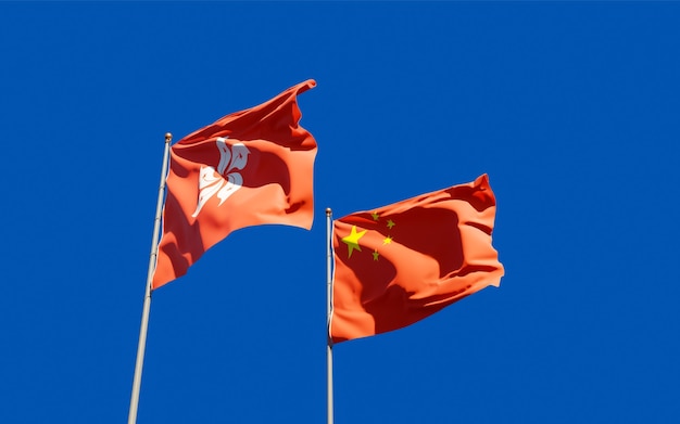 Flags of Hong Kong HK and China. 3D artwork