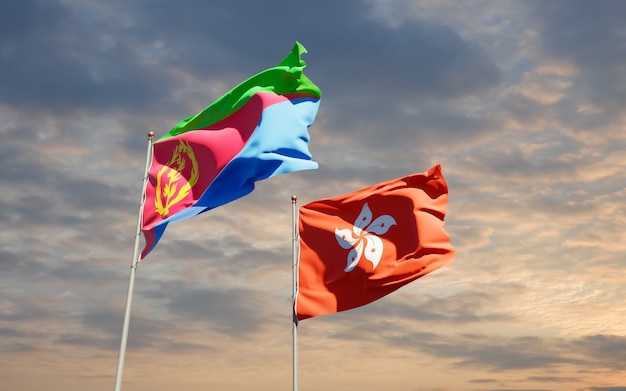 Flags of Hong Kong HK and Eritrea. 3D artwork