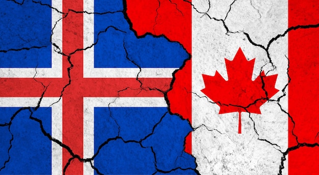 Flags of Iceland and Canada on cracked surface politics relationship concept