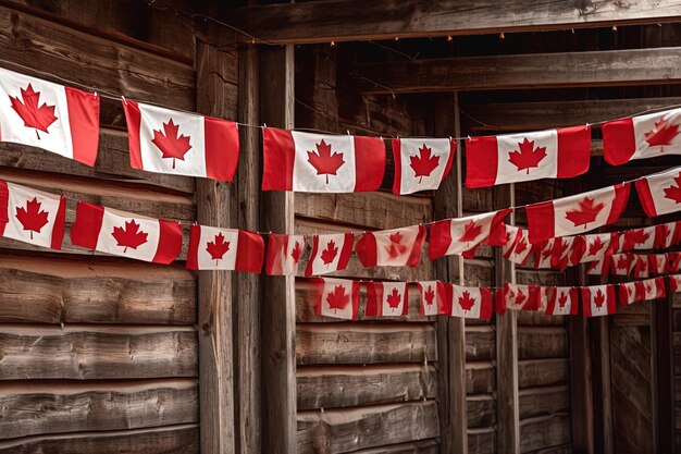 Flags in a log cabin that say canada on the bottom.