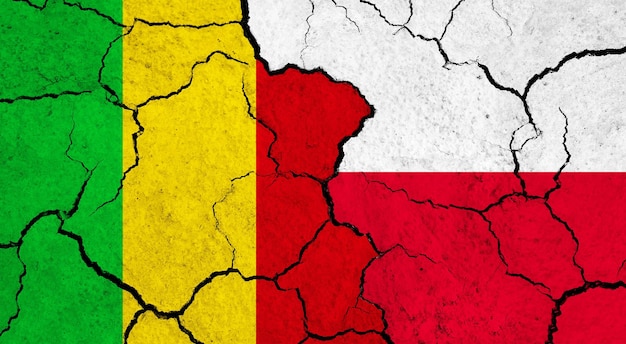 Flags of mali and poland on cracked surface politics relationship concept