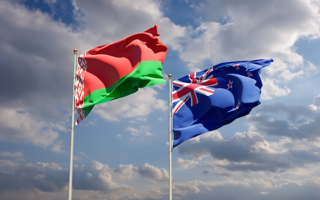 Flags of New Zealand and Belarus. 3D artwork