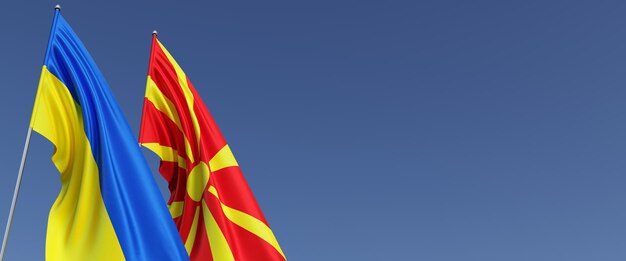 Bandiere della macedonia del nord e dell'ucraina sui pennoni sul lato bandiere su sfondo blu posto per il testo ucraina indipendente indipendente bandiera macedone illustrazione 3d del commonwealth di skopje