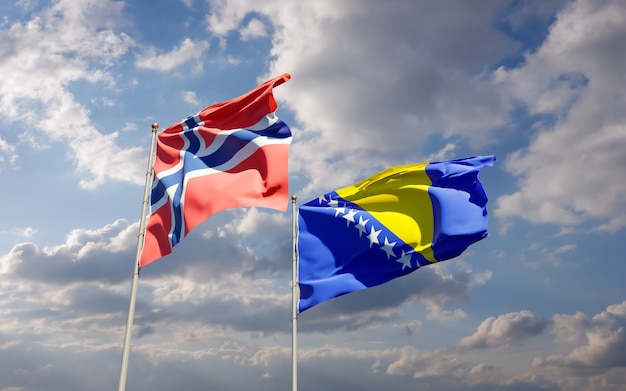 Flags of Norway and Bosnia and Herzegovina. 3D artwork