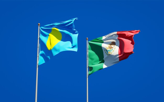 Flags of palau and mexico. 3d artwork