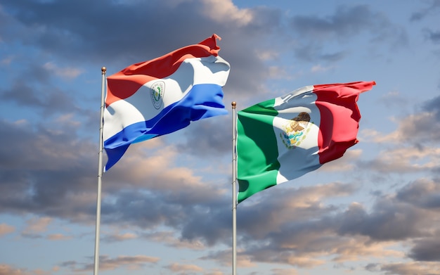 Photo flags of paraguay and mexico. 3d artwork