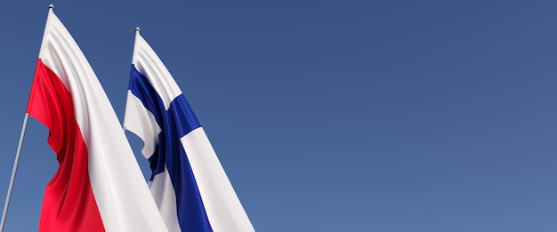 側面の旗竿にポーランドとフィンランドの旗青い背景に旗テキストの場所ポーランドのワルシャワフィンランドヘルシンキ3Dイラスト