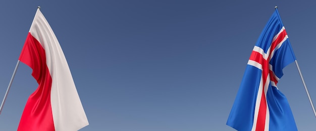 Флаги Польши и Исландии на флагштоках сбоку Флаги на синем фоне Место для текста Варшава Польский Рейкьявик Содружество 3D иллюстрация
