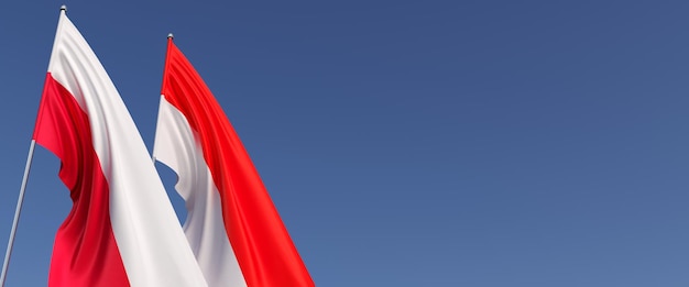 Flags of poland and indonesia on flagpoles on side place for text 3d illustration