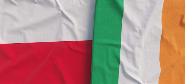 Flags of Poland and Ireland Linen flag closeup Flag made of canvas Polish flag Irish State national symbols 3d illustration