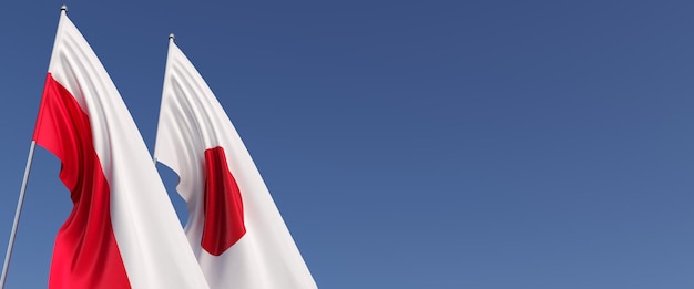 Flags of Poland and Japan on the flagpole on the side Flags on a blue background Place for text Polish Warsaw Japanese Tokyo 3D illustration