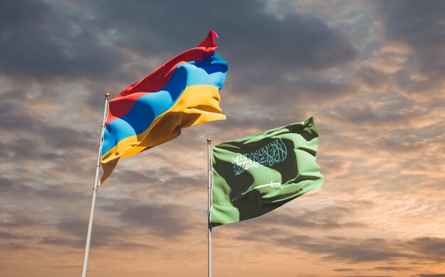 Flags of Saudi Arabia and Armenia. 3D artwork