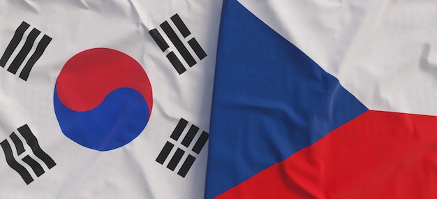 Flags of South Korea and Czech Republic Linen flags closeup Flag made of canvas BKorean SeoulPrague State national symbols 3d illustration