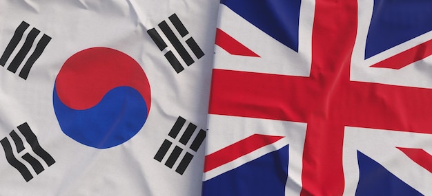 Flags of South Korea and Great Britain Linen flag closeup Flag made of canvas Korean SeoulUK State national symbols 3d illustration