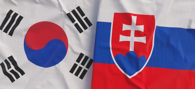 Flags of South Korea and Slovakia Linen flag closeup Flag made of canvas Korean Seoul Bratislava State national symbols 3d illustration