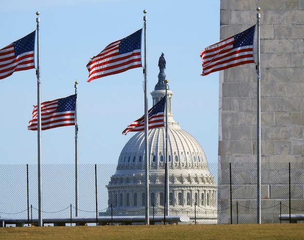 Flags surrounding the washington monument with the us capitol dome in the background