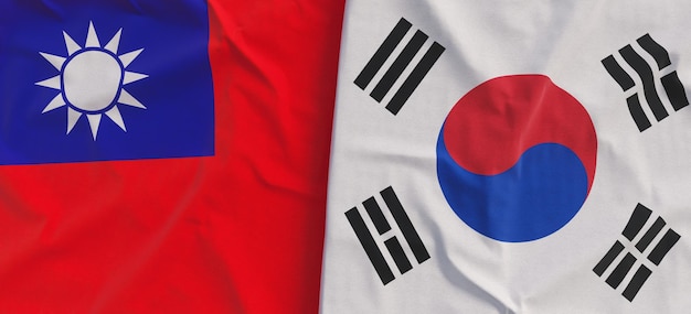 Flags of Taiwan and South Korea Linen flag closeup Flag made of canvas Taipei Asia Korean 3d illustration