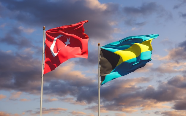 Flags of Turkey and Bahamas. 3D artwork