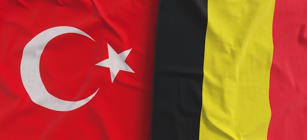 Flags of turkey and belgium linen flag closeup flag made of canvas turkish ankara belgian state national symbols 3d illustration