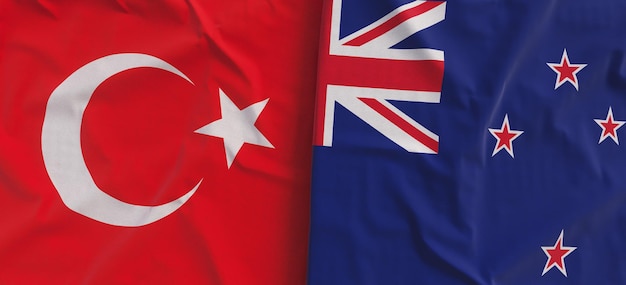 Flags of Turkey and New Zealand Linen flag closeup Flag made of canvas Turkish Istanbul Wellington State national symbols 3d illustration