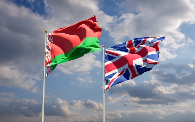 Flags of UK British and Belarus. 3D artwork