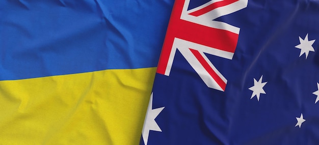 Flags of Ukraine and Australia Linen flags close up Flag made of canvas Ukrainian Sydney Canberra National symbols 3d illustration