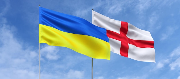 Flags of Ukraine and England on flagpoles in center Flags on sky background Place for text Ukrainian English 3d illustration