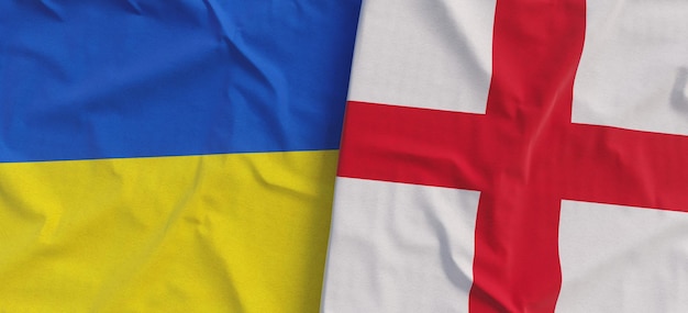 Flags of Ukraine and England Linen flag closeup Flag made of canvas Ukrainian flag English State national symbols 3d illustration