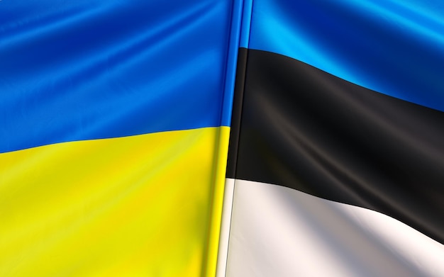 Flags of ukraine and estonia estonian flag blue and yellow flag\
blue black white state symbols sovereign state independent ukraine\
3d illustration