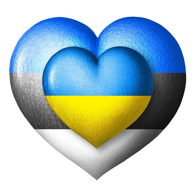 ウクライナとエストニアの国旗白で隔離されるフラグの色で 2 つの心