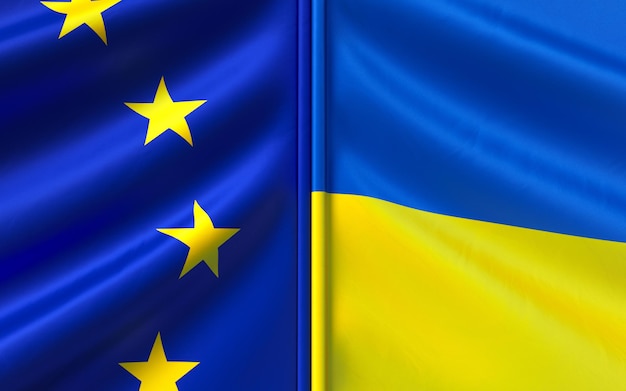 Flags of ukraine and the european union blue flag with stars\
blue and yellow flag state symbols sovereign state independent\
ukraine 3d illustration