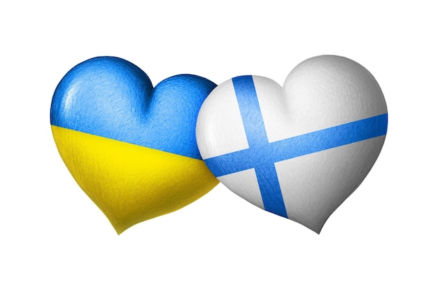 Flags of Ukraine and Finland Two hearts in the colors of the flags isolated on a white