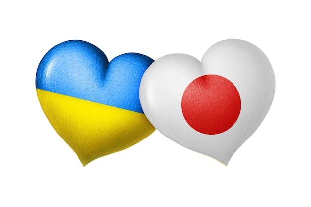 Flags of Ukraine and Japan Two hearts in the colors of the flags isolated on a white