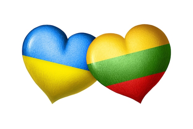 ウクライナとリトアニアの国旗白で隔離されるフラグの色で 2 つの心