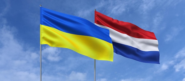 Flags of Ukraine and the Netherlands on flagpoles in center Flags on sky background Place for text Ukrainian Amsterdam 3d illustration