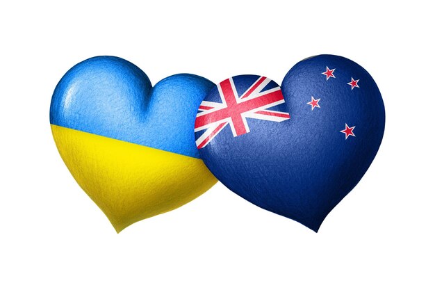 Flags of Ukraine and New Zealand Two hearts in the colors of the flags isolated on a white