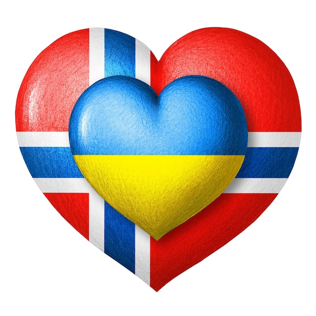 Flags of Ukraine and Norway Two hearts in the colors of the flags isolated on a white