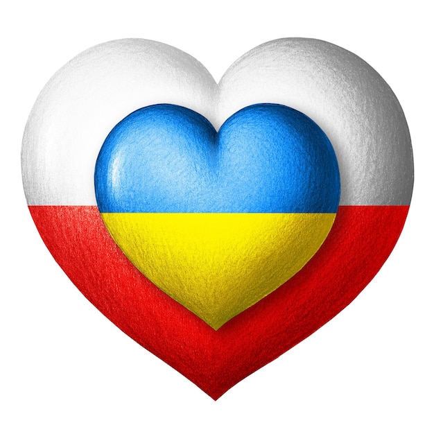 Flags of Ukraine and Poland Two hearts in the colors of the flags isolated on a white