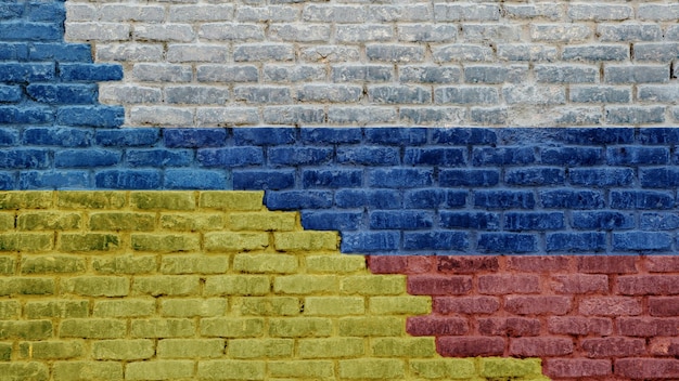 Flags of ukraine and russia painted on a brick wall divided by\
a diagonal crack exterior old stone bricks texture with ukrainian\
and russian banner international diplomatic relations concept
