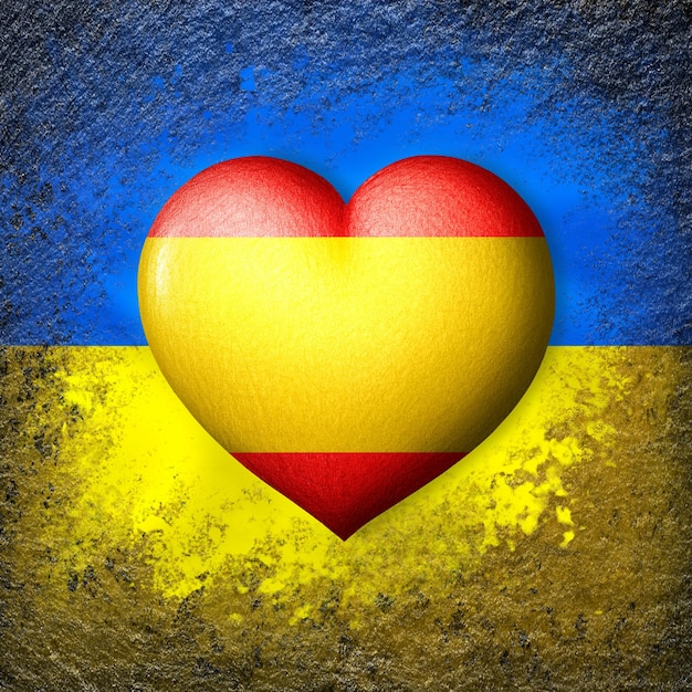 Flags of Ukraine and Spain Flag heart on the background of the Ukrainian flag