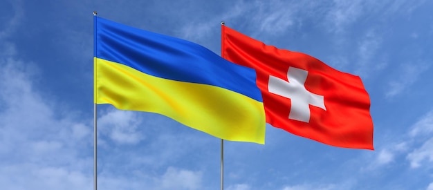 Flags of Ukraine and Switzerland on flagpoles in center Flags on sky background Place for text Ukrainian Swiss 3d illustration