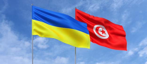 中央の旗竿にウクライナとチュニジアの旗空の背景に旗テキストの場所ウクライナのチュニジアの3Dイラスト