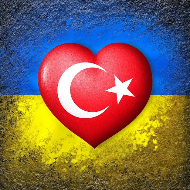 Flags of Ukraine and Turkey Flag heart on the background of the Ukrainian flag