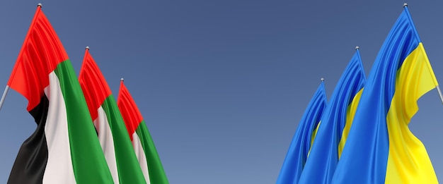 Flags of Ukraine and UAE on flagpoles Flags on a blue background Place for text Independent Ukraine Three flags of the United Arab Emirates Europe 3D illustration