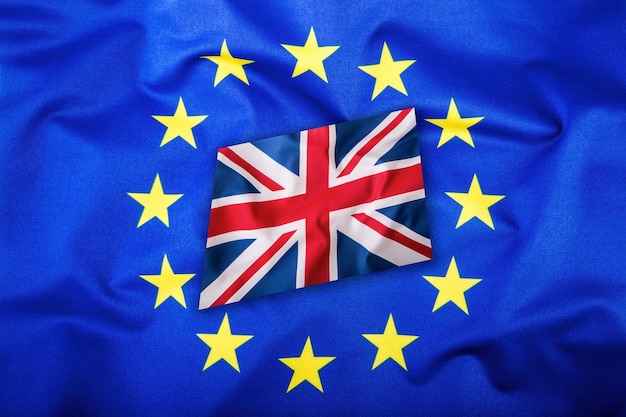 Flags of the United Kingdom and the European Union. UK Flag and EU Flag. British Union Jack flag. Flag inside stars.